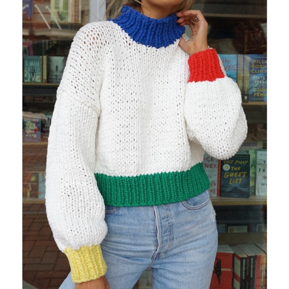 Colorblock Knit Sweater - White with Blue, Green, Red & Yellow Accents